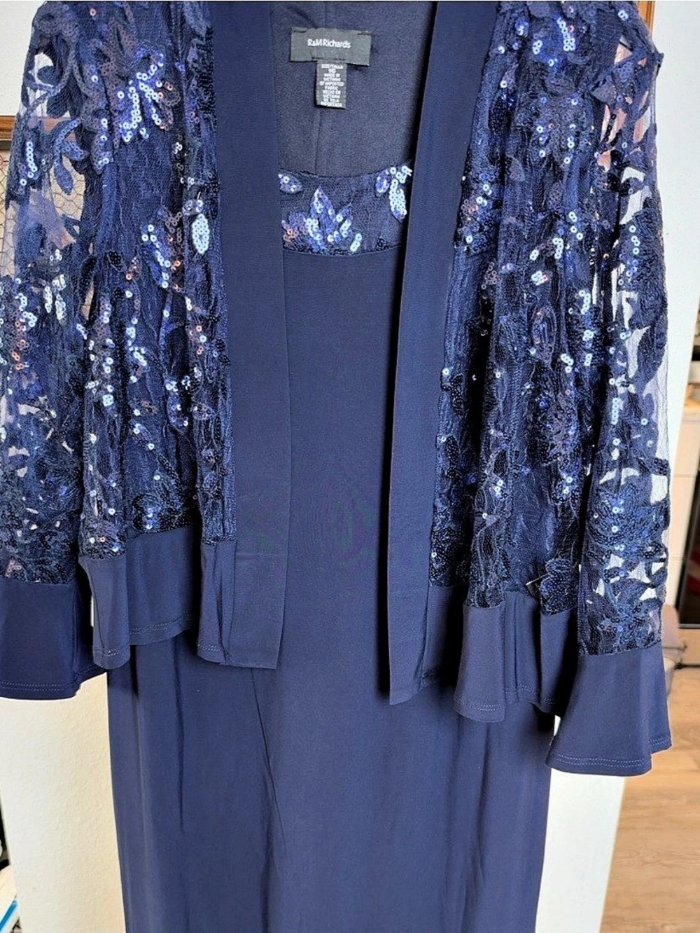 R&M Richards Sequin Lace 2-Piece Jacket Dress Set Blue Size 16